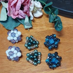 Lot Of 3 Pair Vintage Bead Cluster Clip On Earrings Green Blue Purple White